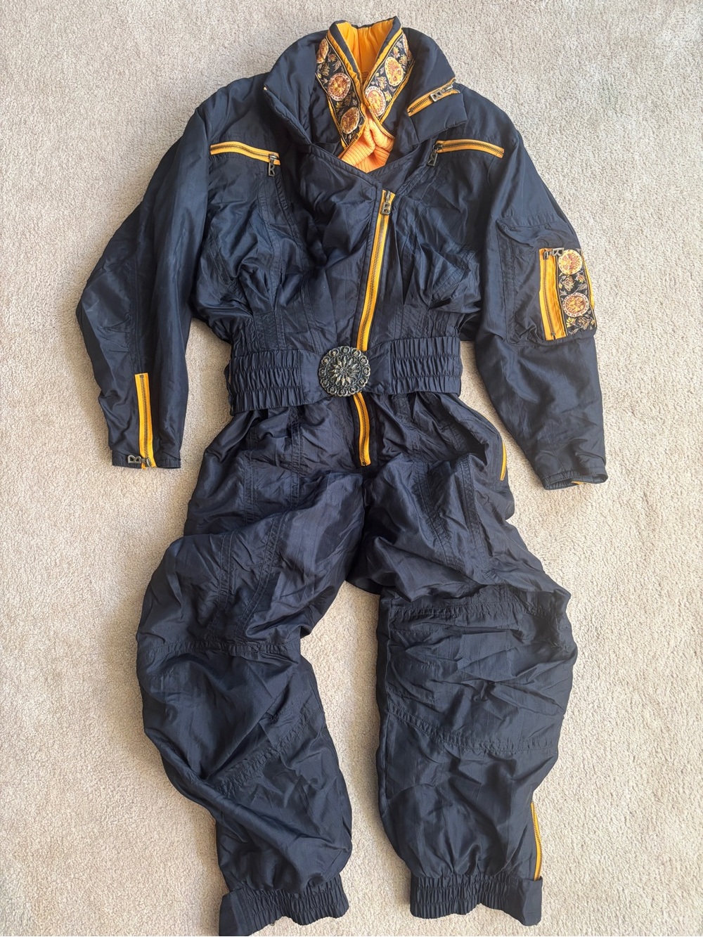 Vintage Bogner Women’s One-Piece 80s 90s Ski Jumpsuit Brass Belt Wool Sweater